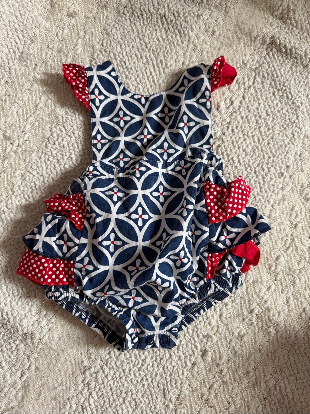 Navy & White Geometric Baby Romper/Bubble with Red Polka Dot Ruffles